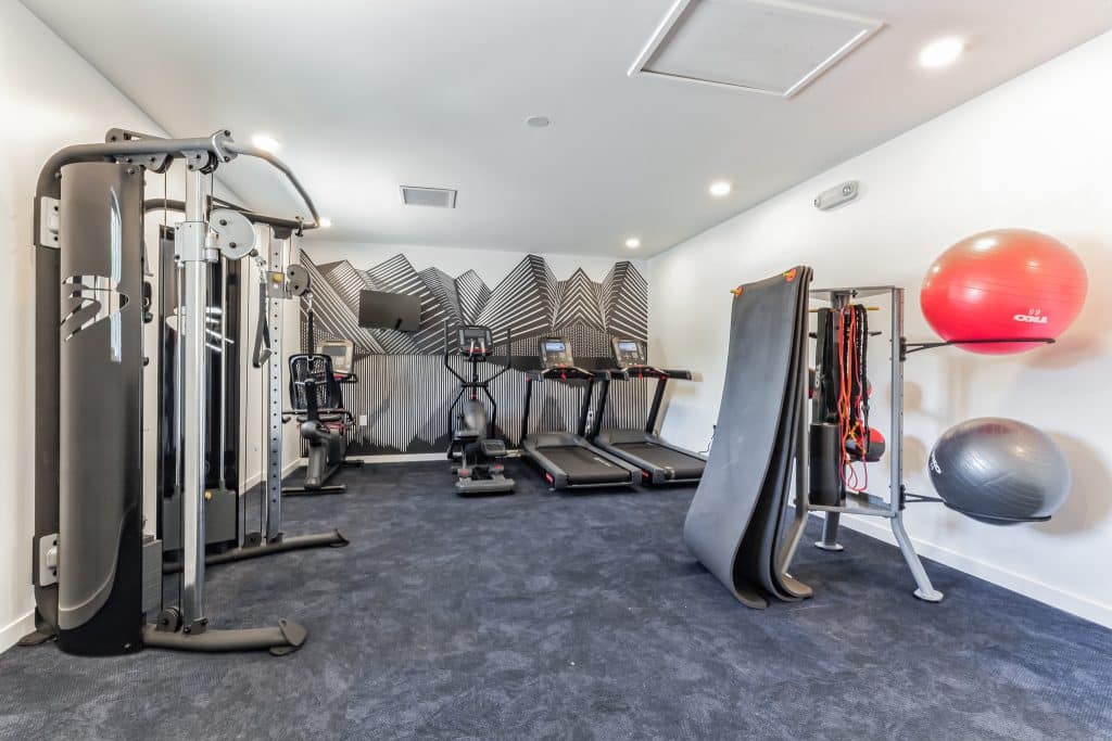 A fitness room with treadmills, a cable machine, yoga balls, and a modern wall design in a well-lit space in englewood co